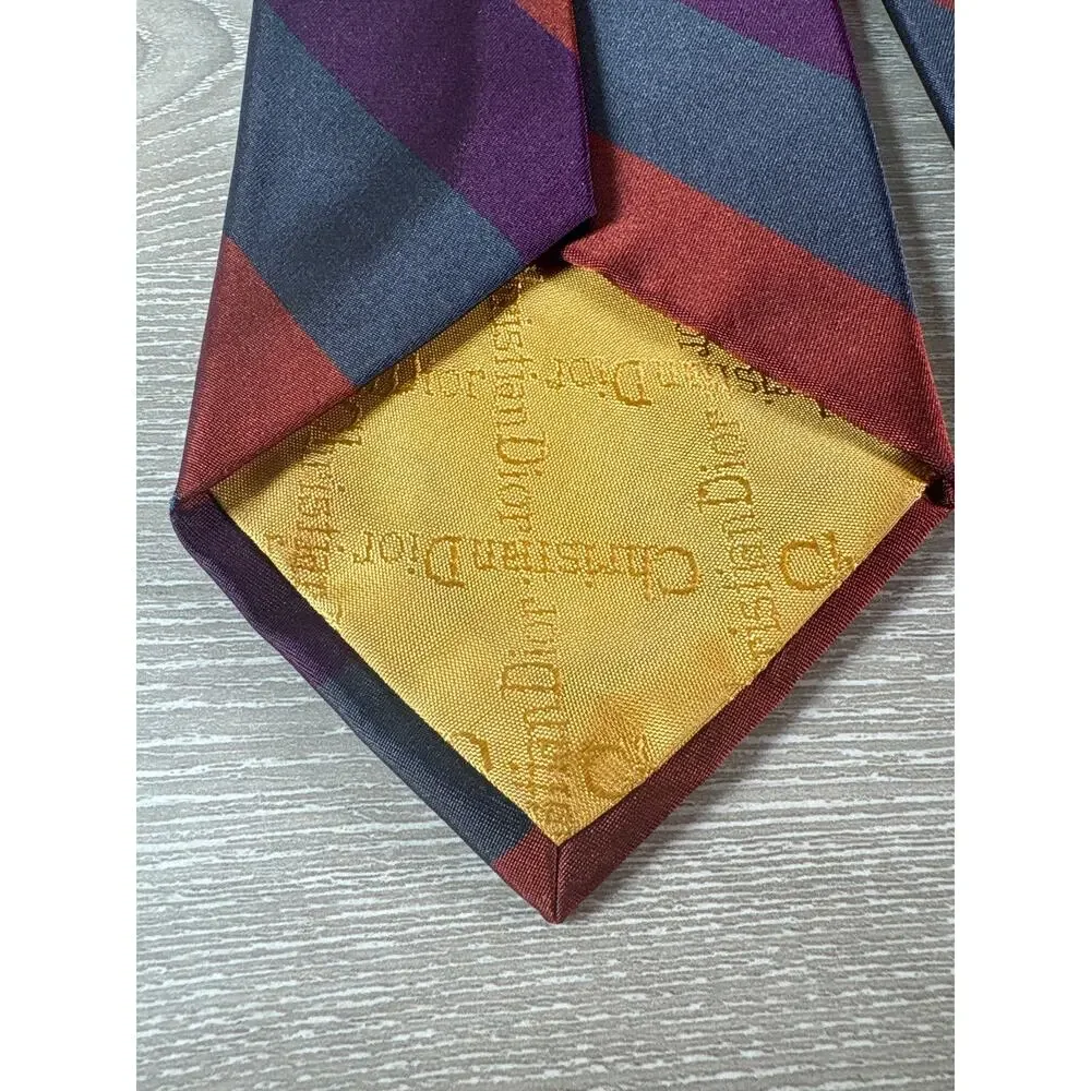 Vintage Christian Dior Monsieur Silk Tie- Burgundy, Plum Gray‎ Diagonal Stripped